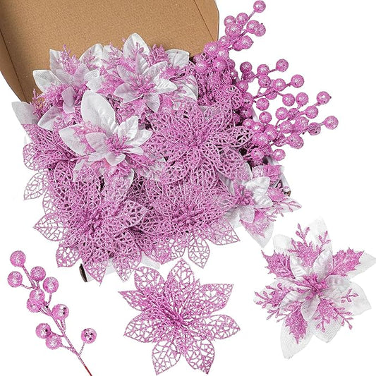 24Pcs Christmas Poinsettia Artificial Flowers and Glitter Berries Kit, 2 Styles Total 16Pcs Christmas Tree Flowers Ornaments, 8Pcs Christmas Tree Picks for Wedding Holiday Decorations, Pink