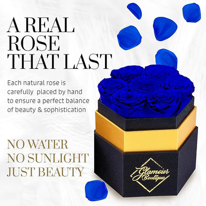 GLAMOUR BOUTIQUE Eternal Preserved Roses in a Box - Flowers Forever, Rose Forever in a Box for Wife, Birthday Gifts for Her, 7 Roses, Blue