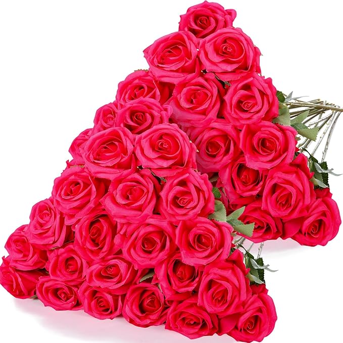 Hotop 40 Pcs Rose Artificial Flowers Bulk with Long Stem,Realistic Silk Fake Roses Bouquet for Home Wedding Centerpieces Party Table Decoration Valentines Gifts(Hot Pink)