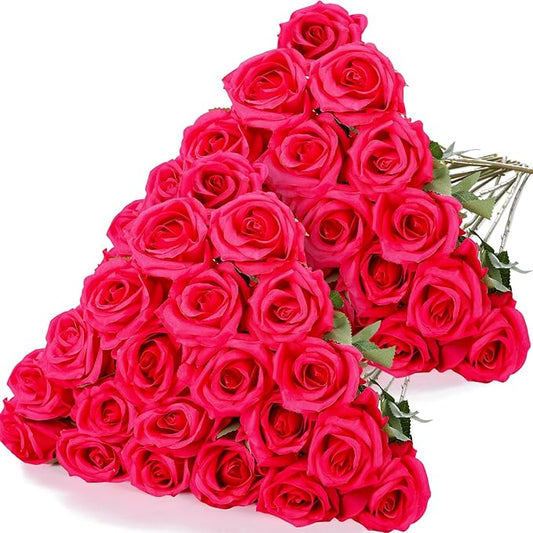 Hotop 40 Pcs Rose Artificial Flowers Bulk with Long Stem,Realistic Silk Fake Roses Bouquet for Home Wedding Centerpieces Party Table Decoration Valentines Gifts(Hot Pink)