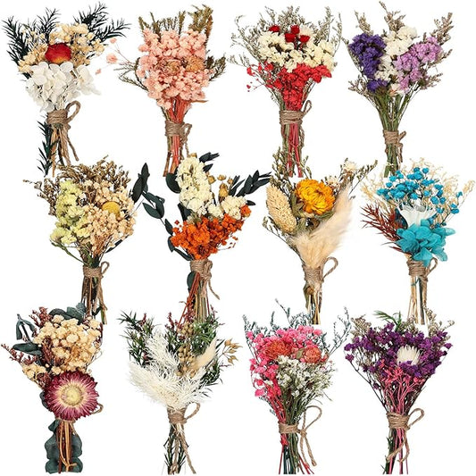 Layhit 12 Pack Boho Dried Flower Bouquet Mini Wedding Handmade Dry Flowers Decor for Vase Crafts DIY Photo Boutonniere for Men Floral Plant for Bridesmaid Gift Birthday Decor(Colorful)