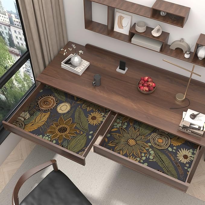 Boho Wallpaper Peel and Stick, Vintage Blue Yellow Floral Contact Paper 17.5" x 393", Botanical Flowers Antique Retro Absract Wall Paper Self Adhesive Removable Waterproof for Shelves Cabinet Table