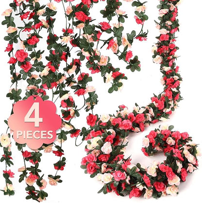 4 Pcs 32.8FT Flower Garland,Rose Garland,Pink Flower Vines for Decoration, Wedding, Garden, Wall Decoration,Backdrop,Bedroom,Birthday Party