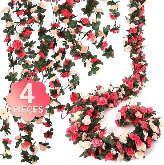 4 Pcs 32.8FT Flower Garland,Rose Garland,Pink Flower Vines for Decoration, Wedding, Garden, Wall Decoration,Backdrop,Bedroom,Birthday Party