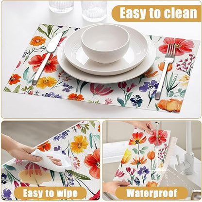 Red Flower Placemats Set of 6, Spring Summer Floral Linen Place Mat Washable Stain Resistant Table Mats for Farmhouse Kitchen Dining Party Wedding Decor 12x18 Inch
