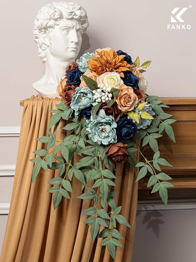 FANKO Artificial Flowers Navy Blue Rose, Mixed Fake Silk Flowers Combo Cream Yellow Rose Brown Dahlia Light Blue Peony Vintage Assorted Blooms for DIY Wedding Bridal Bouquets, Home Decor