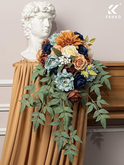 FANKO Artificial Flowers Navy Blue Rose, Mixed Fake Silk Flowers Combo Cream Yellow Rose Brown Dahlia Light Blue Peony Vintage Assorted Blooms for DIY Wedding Bridal Bouquets, Home Decor