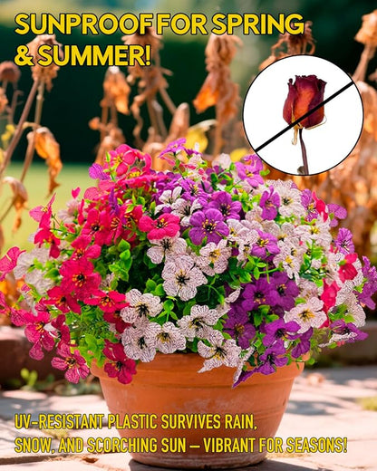 12 Bundles Daisy Artificial Flowers for Outdoors with Eucalyptus - UV Resistant Fake Flowers Outside for Hanging Basket Planter Window Box, Realistic Silk Faux Plants for Porch Garden Patio Home Decor