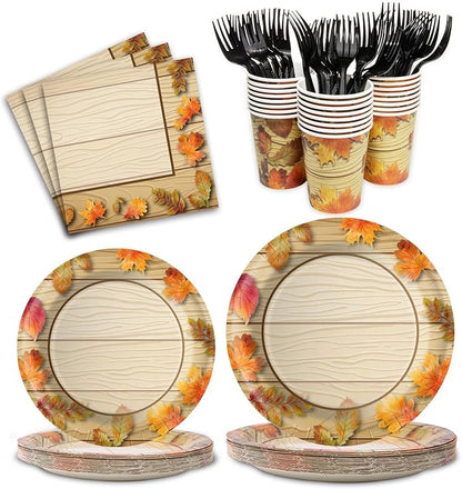 Fall Thanksgiving Birthday Party Plates and Napkins Decorations Kit, Wooden Grain Maple Leaf Tableware Supplies for Birthday Leaves Favors Party Decor Service 24 Guests