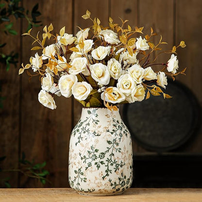Green and Beige Vintage Vase, Chinoiserie Floral Vase, Rustic Ceramic Large Vases for Home Decors, Living Room, Bookshelf, Office, Grand Millennial Decor, Chinoiserie Decors, Tuscan Decor 7.8 Inch