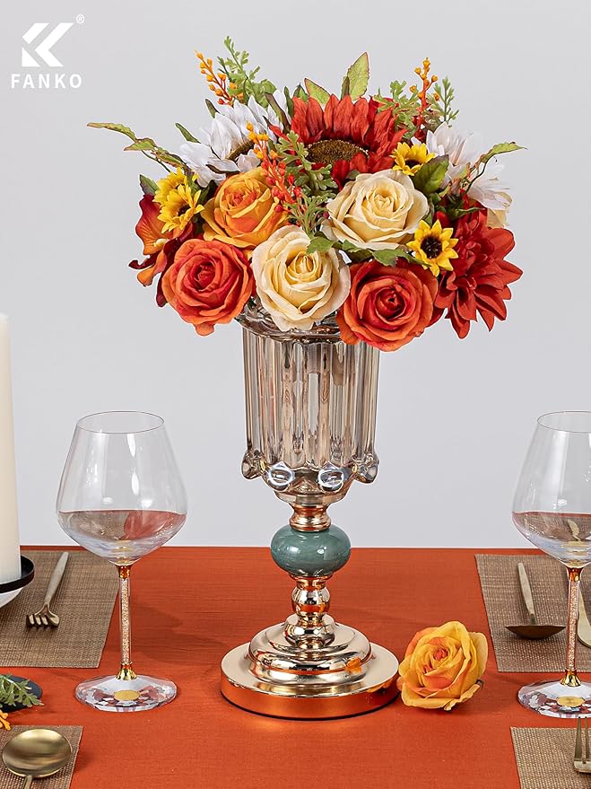 FANKO Artificial Flowers Burnt Orange Rose, Mixed Fake Silk Flowers Combo Champagne Yellow Rose Orange Sunflower Orange Dahlia Vintage Autumn for DIY Wedding Bridal Bouquets, Home Decor