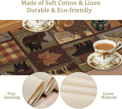 Rustic Bear Table Runner, Vintage Cottage Country Style Pine Tree Elk Wildlife Dinner Runner for Home Kitchen Dining Table Decoration 13"x90"