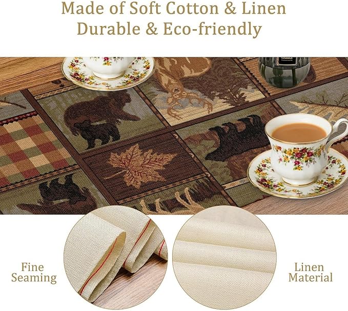 Rustic Bear Table Runner, Vintage Cottage Country Style Pine Tree Elk Wildlife Dinner Runner for Home Kitchen Dining Table Decoration 13"x120"