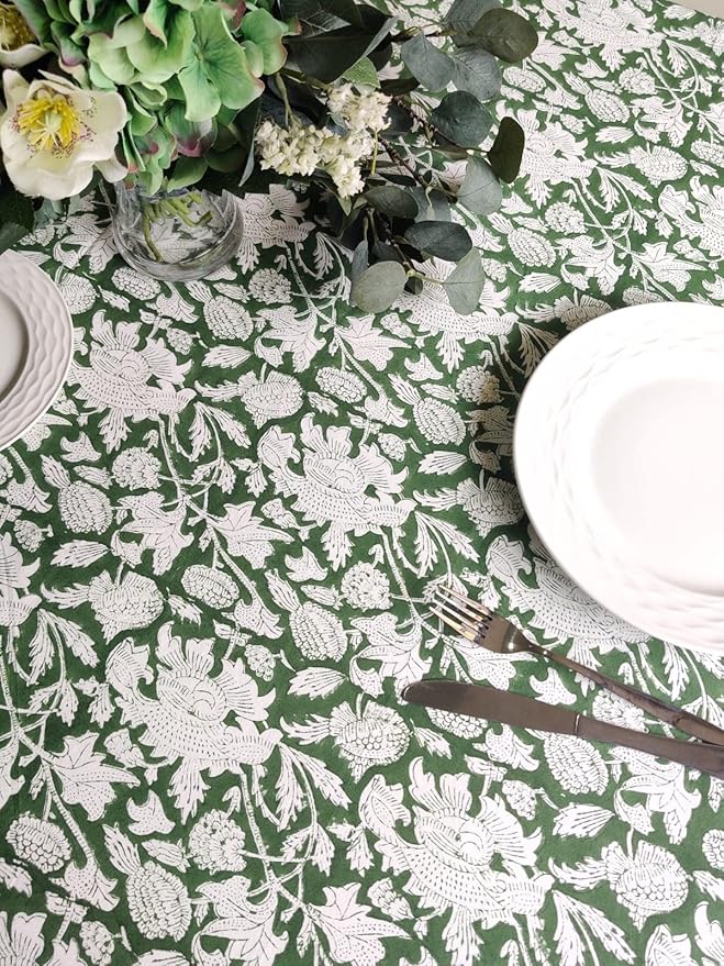 ATOSII Meraki Green 100% Cotton Rectangle Tablecloth, Hand Block Print Washable Table Cover, Dining, Christmas Parties, Outdoors, Weddings, Thanksgiving, Halloween, Fall Decor 60 X 90 Inches, 6 Seater