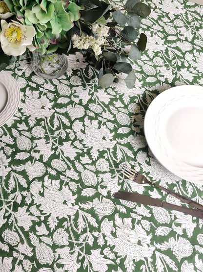 ATOSII Meraki Green 100% Cotton Rectangle Tablecloth, Hand Block Print Washable Table Cover, Dining, Christmas Parties, Outdoors, Weddings, Thanksgiving, Halloween, Fall Decor 60 X 90 Inches, 6 Seater