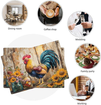 Farmhouse Rooster Placemats Set of 6, Rustic Chicken Place Mats, Sunflower Dining Table Mats, Washable Placemats for Kitchen Dining Room Home Decor 18L'' × 12W''