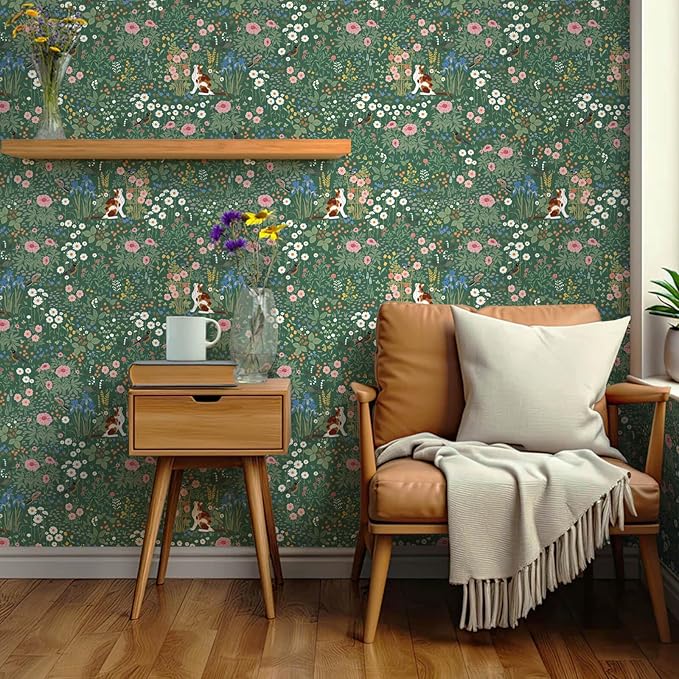 Heroad Floral Peel and Stick Wallpaper Green Wallpaper Boho French Country Contact Paper Vintage Cat Birds Removable Self-Adhesive Wall Paper for Bedroom Kitchen Cabinets Decoration Vinyl 17.3”x393”