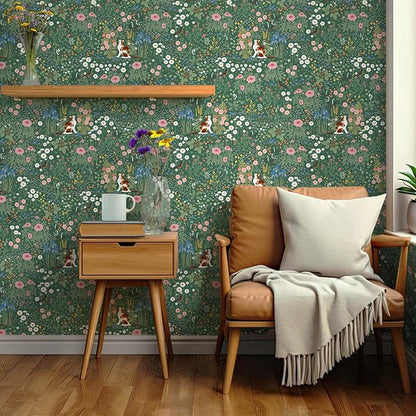 Heroad Floral Peel and Stick Wallpaper Green Wallpaper Boho French Country Contact Paper Vintage Cat Birds Removable Self-Adhesive Wall Paper for Bedroom Kitchen Cabinets Decoration Vinyl 17.3”x393”