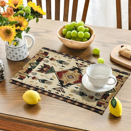 Southwestern Placemats Set of 6, Farmhouse Boho Ethnic Place Mats, Rustic Turkish Dining Table Mats, Washable Placemats for Kitchen Dining Room Home Decor 18L'' × 12W''