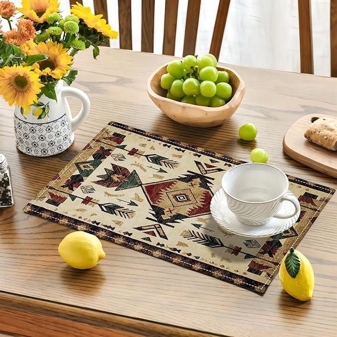 Southwestern Placemats Set of 4, Farmhouse Boho Ethnic Place Mats, Rustic Turkish Dining Table Mats, Washable Placemats for Kitchen Dining Room Home Decor 18L'' × 12W''