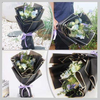 YIDATIKER 20 sheet Flower Wrapping Paper,waterproof floral wrapping paper for bouquets,DIY Florist Supplies Packaging Paper with satin ribbon for Wedding,Birthday,Valentine's Day(Black)