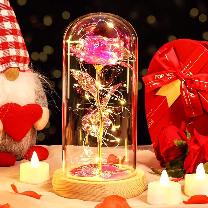 Beferr Mom Birthday Gifts for Women, Galaxy Glass Rose Forever Preserved Flowers for Delivery Prime Light Up Rose in Glass Dome Christmas Rose Gifts for Her Wife Daughter Friends, Pink