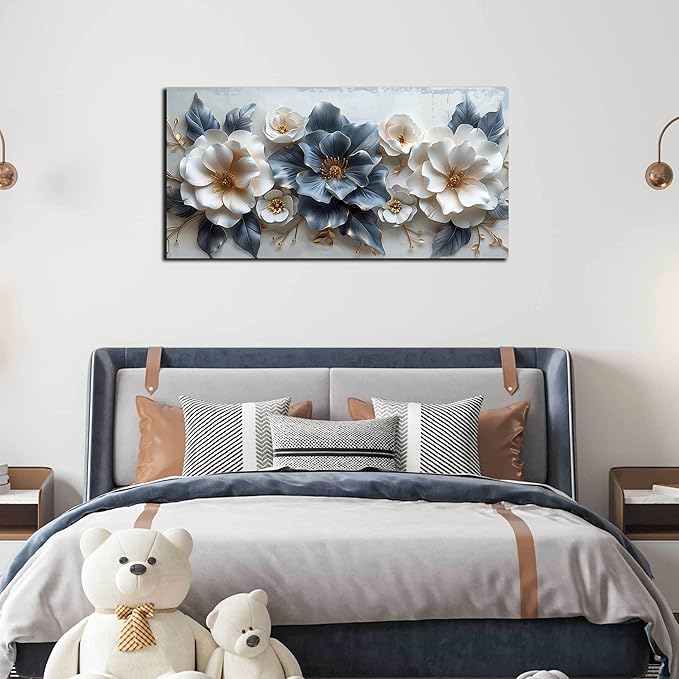 Flower Prints Wall Art for Living Room Blue and White Paintings for Wall Office Wall Decor for Bedroom Aesthetic Size 20" x 40"