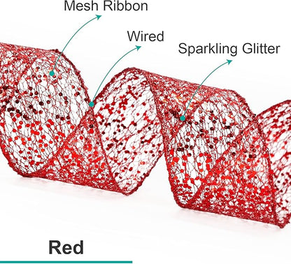 CT CRAFT LLC Sparkling Glitter Mesh Wired Ribbon 4" x 10 Yards Red for Christmas Home Decor Bow Gift Wrapping DIY Crafts Wreath