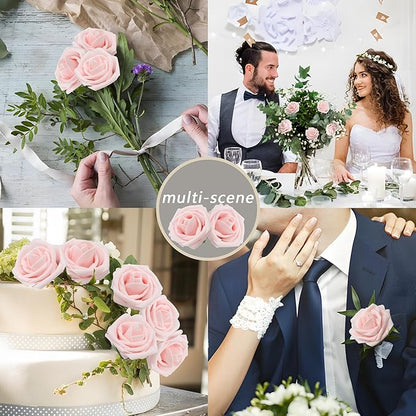 50PCS Artificial Flowers Blush Pink Roses Real Looking Foam Fake Roses with Leaves and for DIY Wedding Bouquets Bridal Shower Centerpieces Party Decorations (Blush Pink)