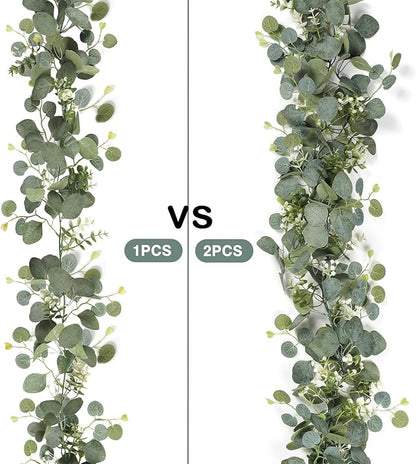SOMYTING Artificial Eucalyptus Garland with White Flowers 2 Packs 5.9Ft Silver Dollar Leaves Eucalyptus Garland Faux Greenery Vines for Wedding Arch Table Runner Mantle Party Room Decor