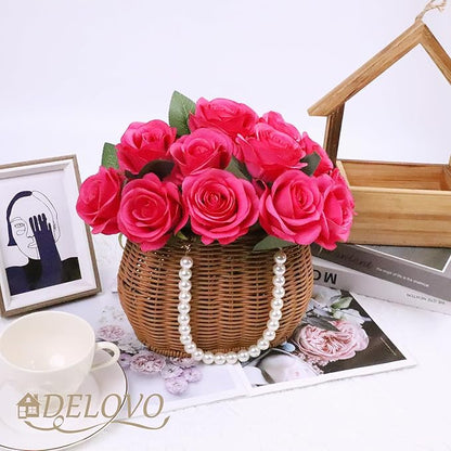 52pcs Hot Pink Roses Artificial Flowers Fake Flowers Silk Roses with Stems for DIY Wedding Bouquets Bridal Shower Centerpieces Arrangements Party Decorations