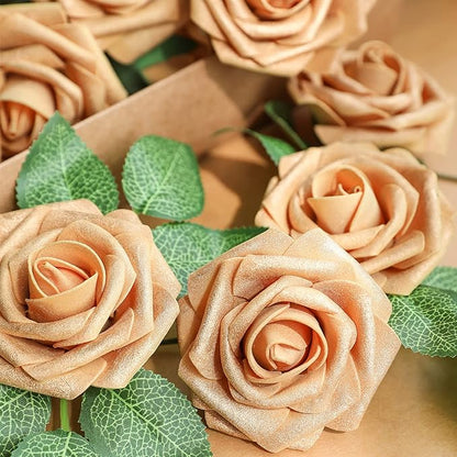 AmyHomie Artificial Flower Gold Rose 25pcs Real Looking Fake Roses w/Stem for DIY Wedding Bouquets Centerpieces Arrangements Party Baby Shower Valentines Day Christmas Tree Decorations