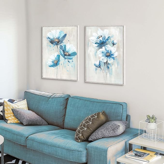 Flower Canvas Framed Wall Art: 2 Pieces Living Room Turquoise Floral Abstract Prints Artwork Vintage Teal Bouquet Botanical Painting Picture for Bedroom Bathroom Home Office