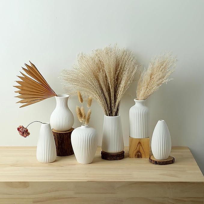 6'' White Ceramic Ribbed Bud Vases in Bulk, Set of 6 Small Pampas Grass Flower Vase for Modern Farmhouse, Boho Home Decor, Living Room, Vintage Wedding Centerpiece, Table, Shelf Decoration