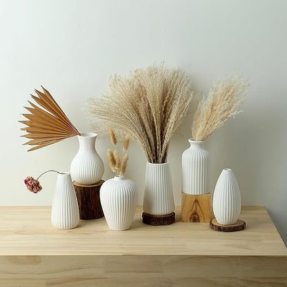 6'' White Ceramic Ribbed Bud Vases in Bulk, Set of 6 Small Pampas Grass Flower Vase for Modern Farmhouse, Boho Home Decor, Living Room, Vintage Wedding Centerpiece, Table, Shelf Decoration