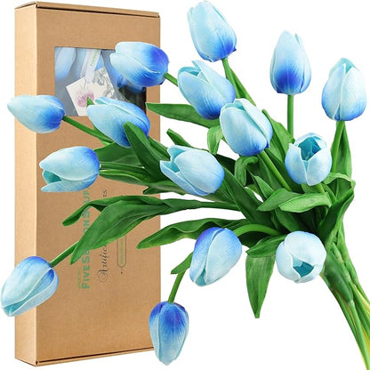 FiveSeasonStuff Real Touch Tulips Artificial Flowers – 15 Stems Faux Tulip Bouquet in Gift Box for Wedding, Home Decor, Party, Floral Arrangements (Maya Blue)
