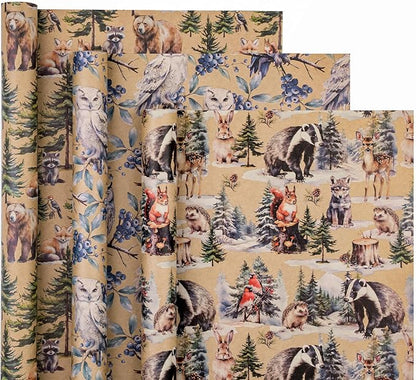 WRAPAHOLIC Kraft Christmas Wrapping Paper Roll - Mini Roll - 3 Rolls - 17 Inch x 120 Inch Per Roll - Wild Animals Winterfall Watercolor Holiday Collection