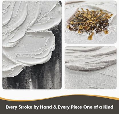 JUHOME Hand-Painted Oil Painting White Flowers Texture Black White Wall Art,3D Abstract Decorative Canvas Wall Decor, Home Office Hall Wall Decorative, 24 x 36