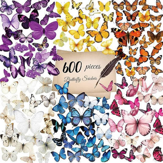 600Pcs Butterfly Stickers,Self-Adhesive PVC Vintage Butterfly Stickers for Scrapbook, Laptop, Journal, DIY Project, Window, Envelope Spring Themed Party Decors