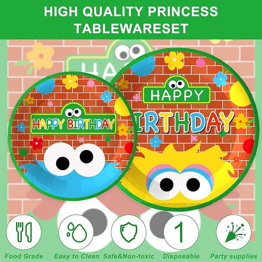147PCS Cookie Party Supplies for Baby Birthday Party Street Themed Tableware Set Napkin Cups Forks Knives for 20 Guests