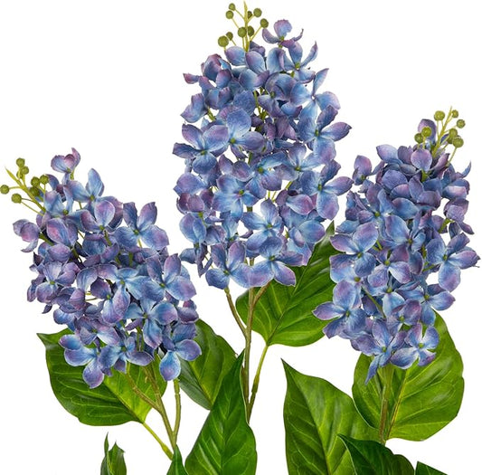Artificial Lilac Flowers 30" Tall – Set of 3 Silk Lilac Flower Stems for Home Decor, Wedding Centerpieces, Faux Floral Arrangements – Blue Artificial Flowers for Vase, Spring & Farmhouse Décor