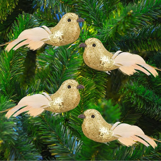 Cosweet 12 Pcs Gold Cardinal Artificial Birds with Clip - Cardinal Bird Christmas Ornament with Feather Wreath Flower Arrangement Supplies for Xmas Tree Party Decor DIY Craft Gifts