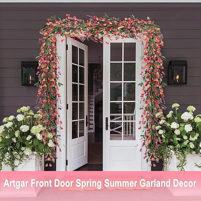 Artgar Flower Garland 6Ft Spring/Summer Garland Floral Garlands for Mantle All Year Round Paper Garlands Decor for Indoor Outdoor Home Wedding Arch Porch Staircase Year Round Decor (Red&Orange&Purple)
