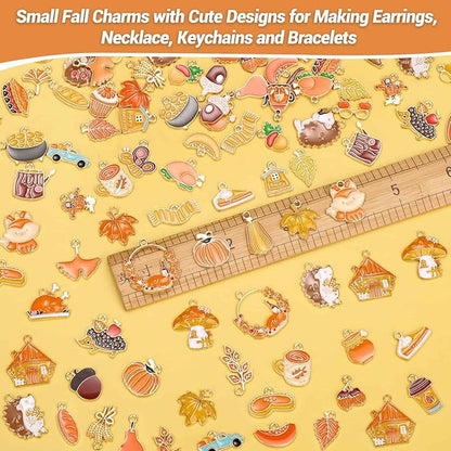 100Pcs 50 Pairs Fall Charms for Jewelry Making and Bracelets, Thanksgiving Autumn Charms Gold Enamel Jewelry Pendants for Earring Bracelet Necklace Crafts Making
