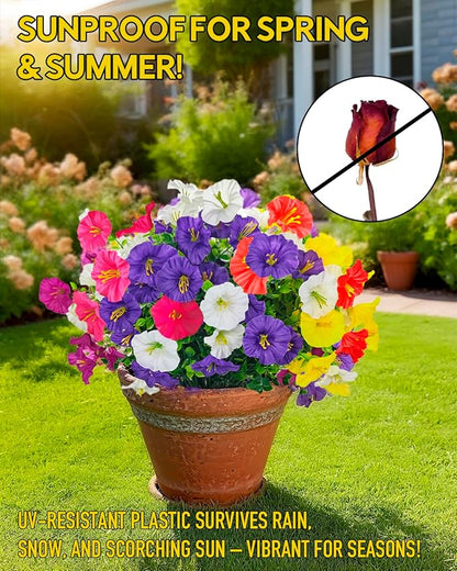 Realistic Silk Faux Flowers for Outdoor Decorations - 12 Bundles UV Resistant Artificial Flowers Outside for Hanging Basket Planter Window Box, Morning Glory Fake Plants for Home Porch Garden Décor