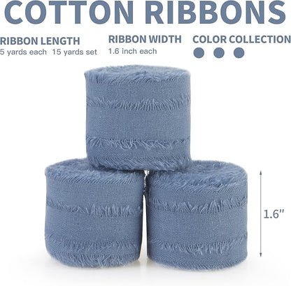 Dusty Blue Ribbon 1-1/2 x 15 Yards Handmade Cotton Frayed Fringe Fabric Ribbons for Crafts Flower Bouquets Wedding Baby Shower Home DIY Decor