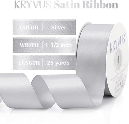 Premium Double Faced Satin Ribbon, 1-1/2 Inch X 25 Yards, Silver, Perfect for Gift Wrapping, Crafts, Wedding Decor