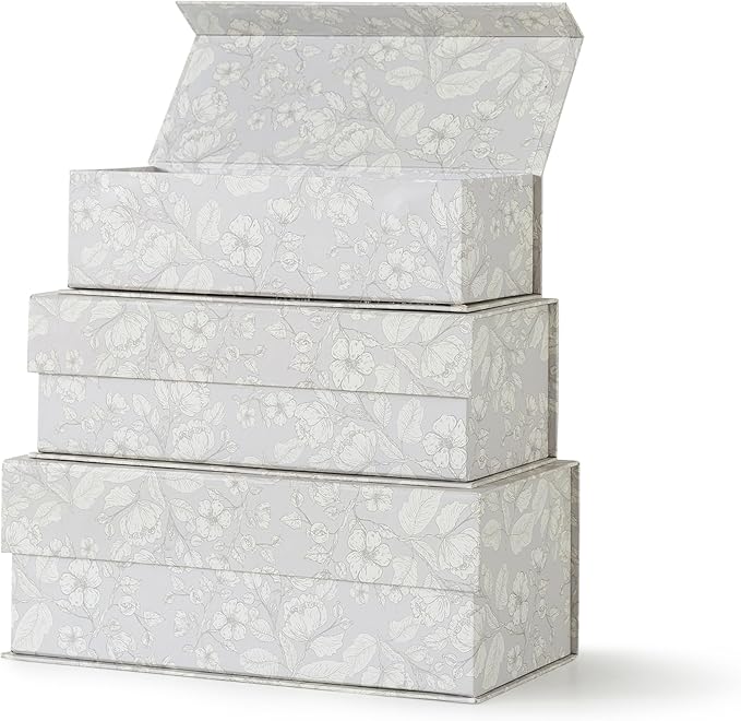 Soul & Lane Decorative Storage Boxes with Lids, Set of 3 Memory Keepsake Boxes with Magnetic Closure, Cardboard Storage for Photos, Documents, Gifts, Home Decor, Subtle Bloom