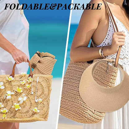 Beach Sun Hats for Women Wide Brim Straw Foldable Beach Hat UV Protection