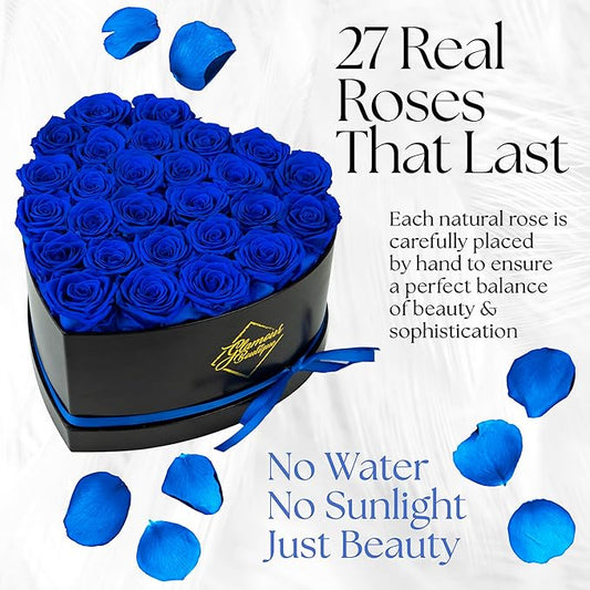 GLAMOUR BOUTIQUE 27 Flower Forever Heart Shape Box - Preserved Roses Gift for Her, Preserved Flowers, Blue